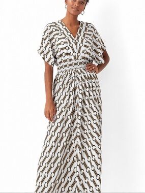 V-Neck Patterned Maxi Dress in light blue, tan, and black, size Large